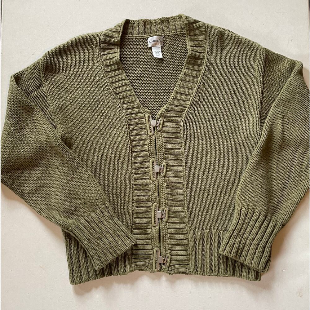 Vintage Chico’s 100% Cotton Toggle Front Cardigan Sweater Olive Green Size 2 (L)